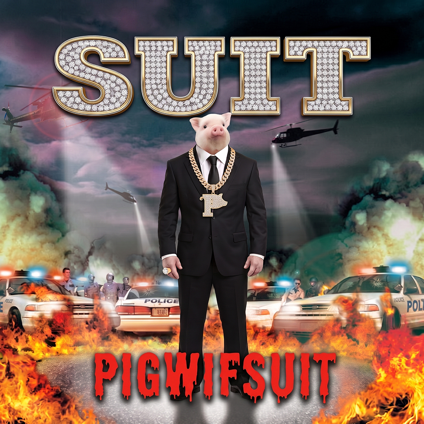 Movie poster style artwork titled PigWifSuit