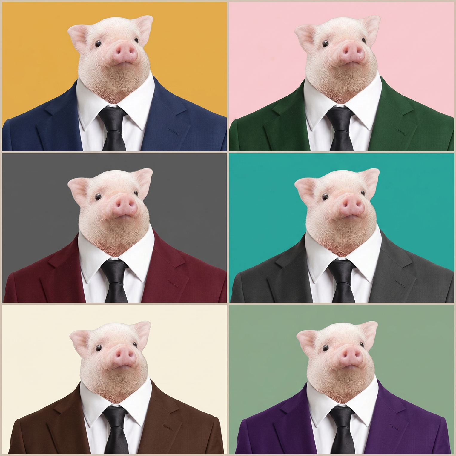 Six portraits of SUIT the pig in different coloured suits