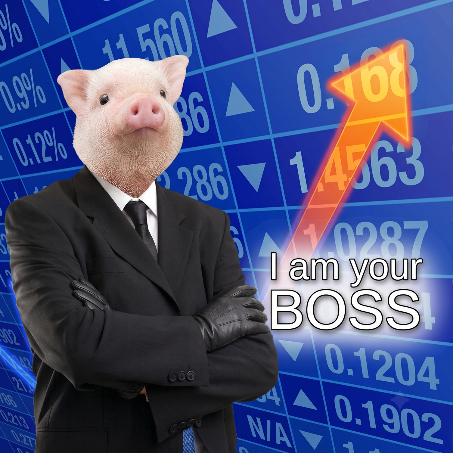 SUIT in front of a stock ticker board saying I am your boss