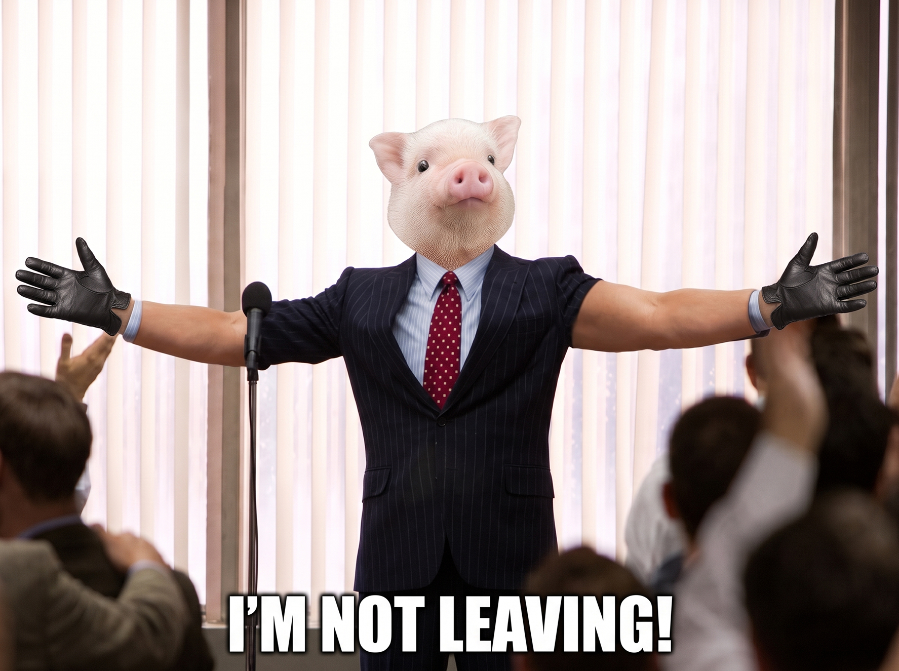 SUIT at a podium with arms spread wide shouting I'm not leaving