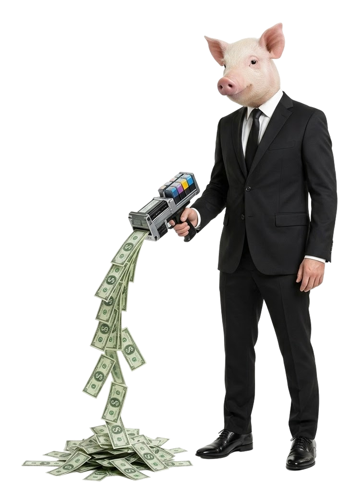 SUIT in a suit firing a money gun full of dollar bills